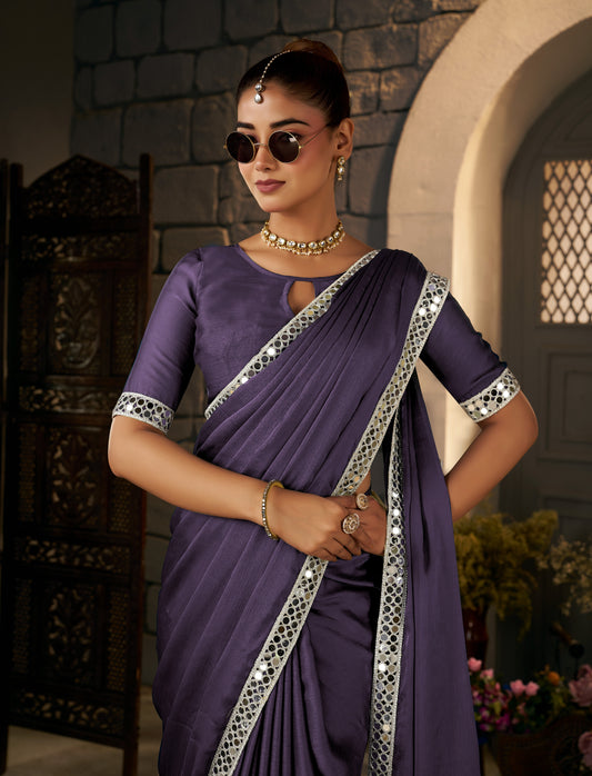 Dusty Purple Ethnic Saree with Silver Mirror Work front view by Chhoga