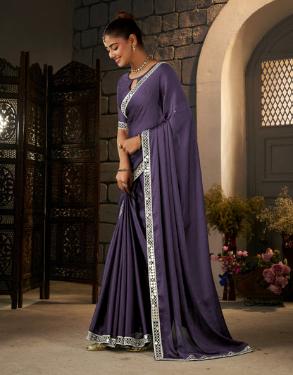 Side view of Dusty Purple Ethnic Saree with Silver Mirror Work