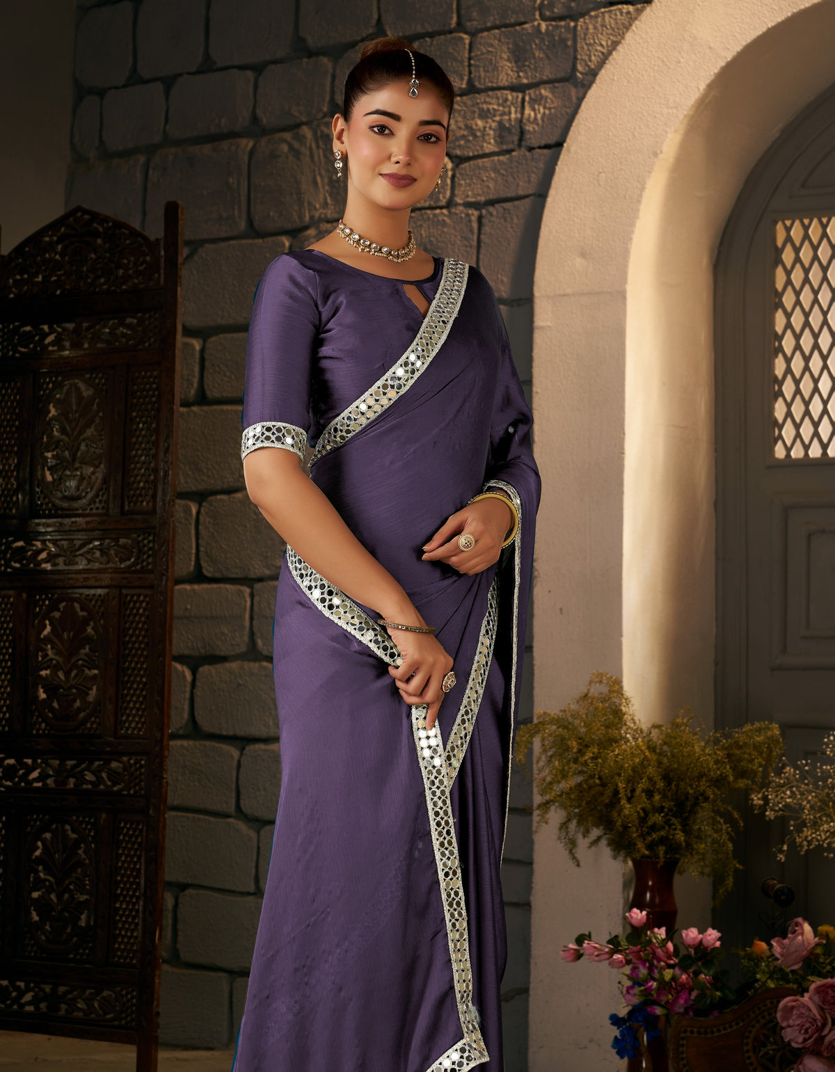 Dusty Purple Ethnic Saree with Silver Mirror Work styled for wedding occasions
