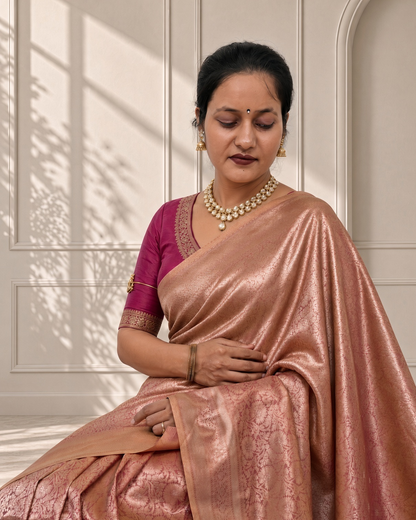 Peach Orange Banarasi Silk Saree with Floral Jaal & Rich Woven Border