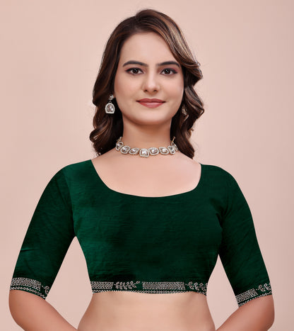 Matching blouse piece with Elegant Soft Fendi Silk Emerald Green Saree