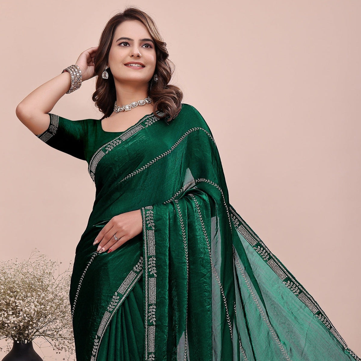 Complete look of Elegant Soft Fendi Silk Emerald Green Saree by Chhoga