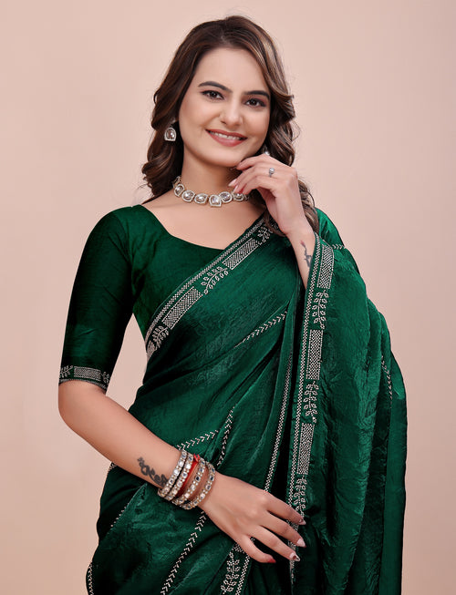 Elegant Soft Fendi Silk Emerald Green Saree front view by Chhoga