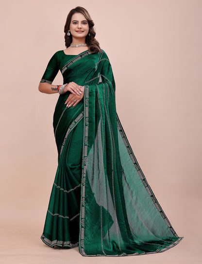 Full view of Elegant Soft Fendi Silk Emerald Green Saree with jarkan work