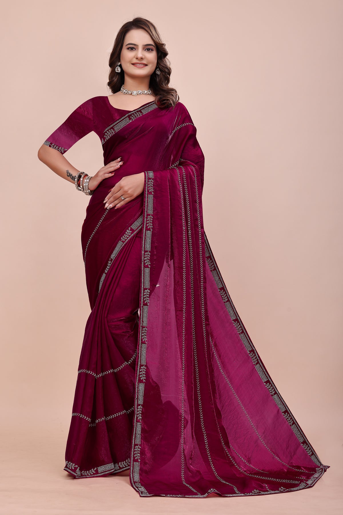 complete look of elegant soft fendi silk maroon saree by chhoga