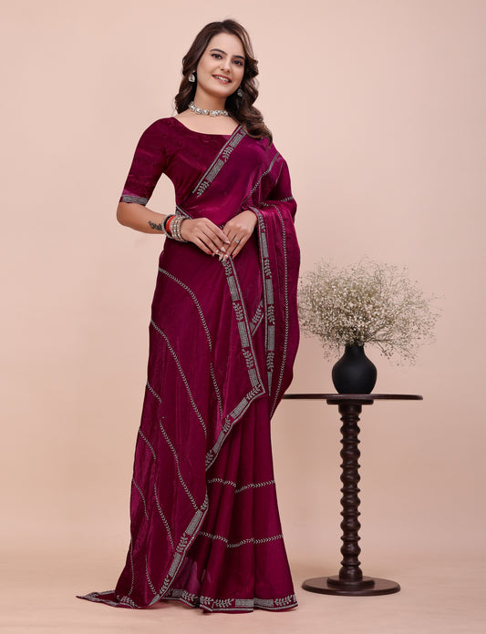 Elegant Soft Fendi Silk Maroon Saree front view by Chhoga