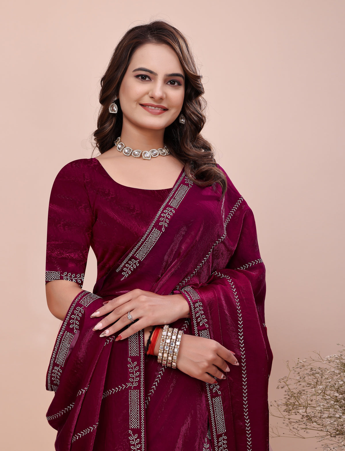 half view of elegant soft fendi silk maroon saree