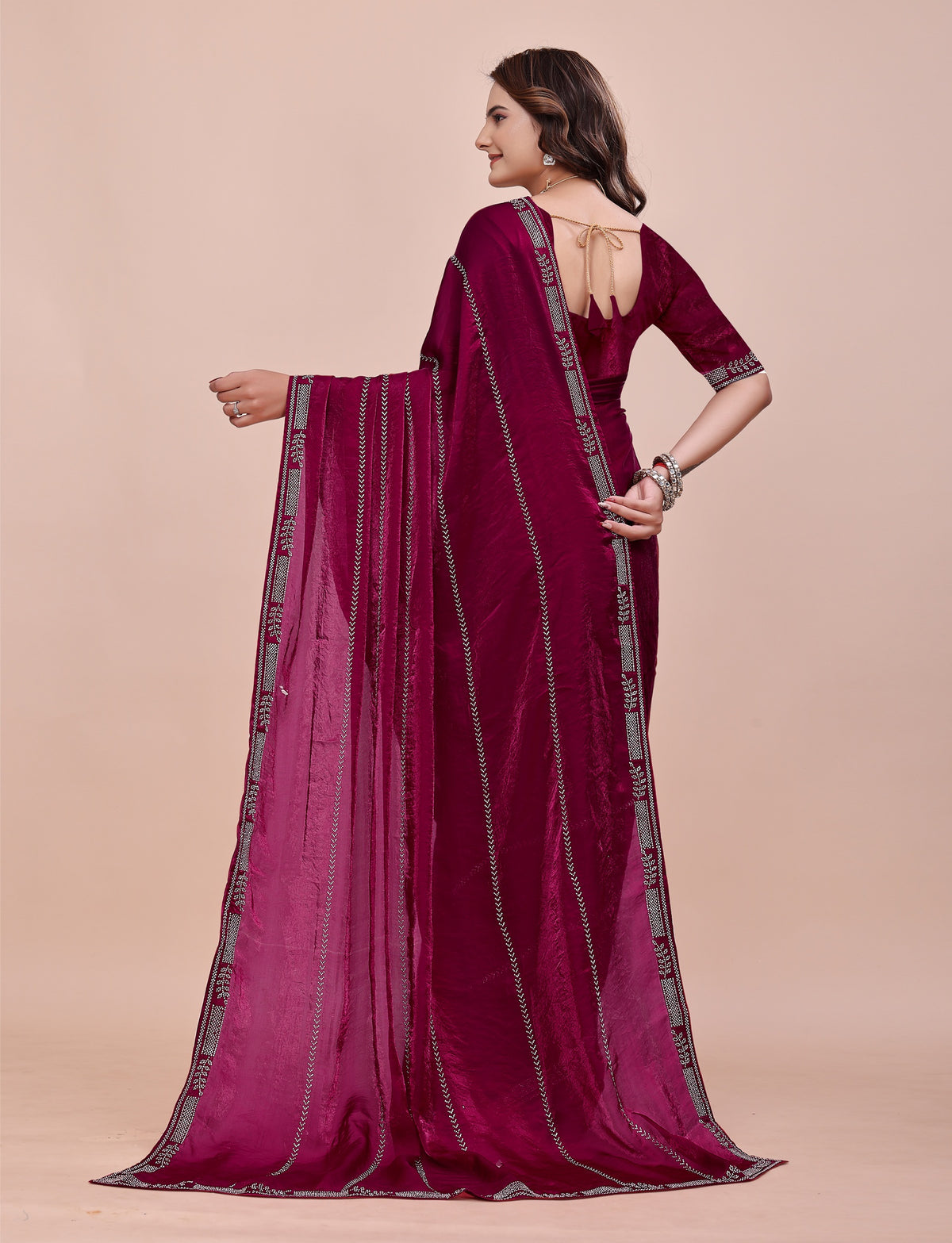pallu detail of elegant soft fendi silk maroon saree