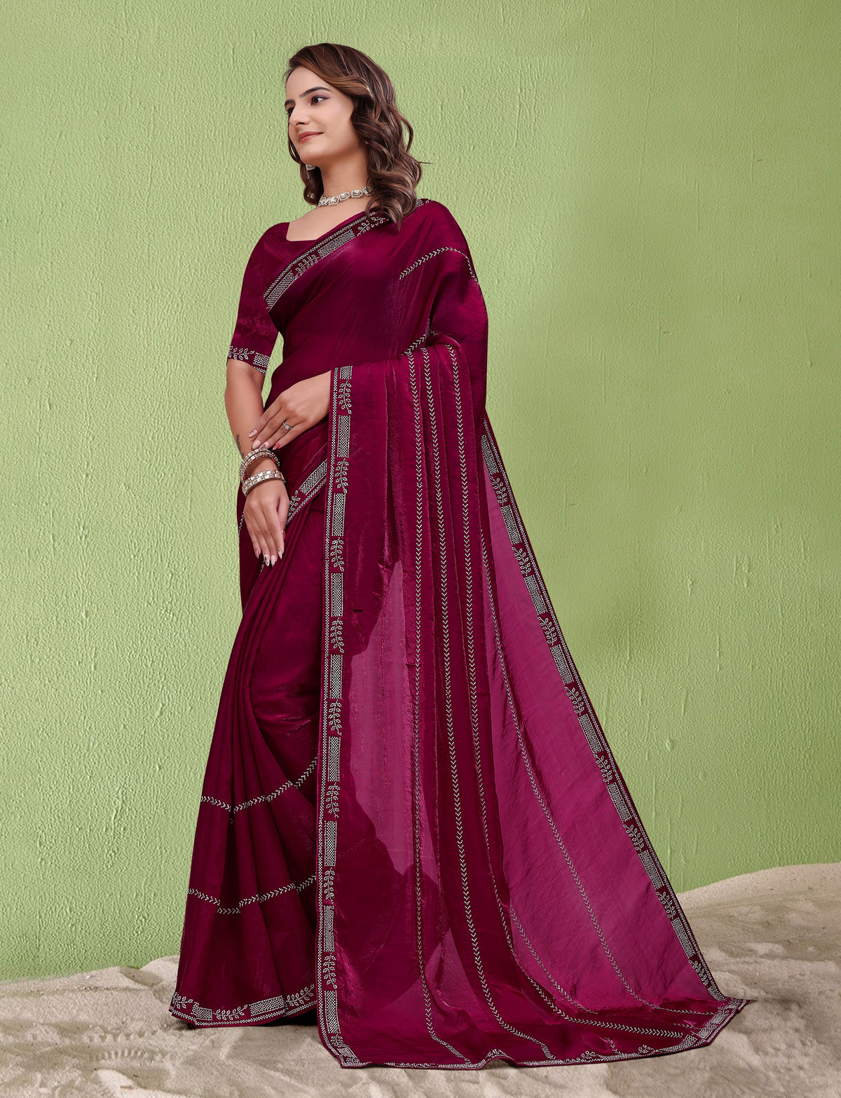Side view of Elegant Soft Fendi Silk Maroon Saree