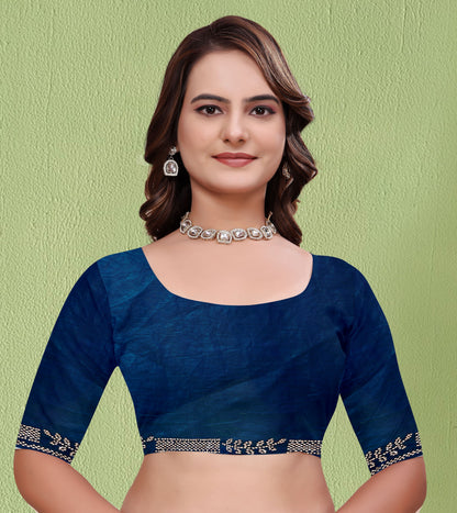 Matching blouse piece with Elegant Soft Fendi Silk Peacock Blue Saree