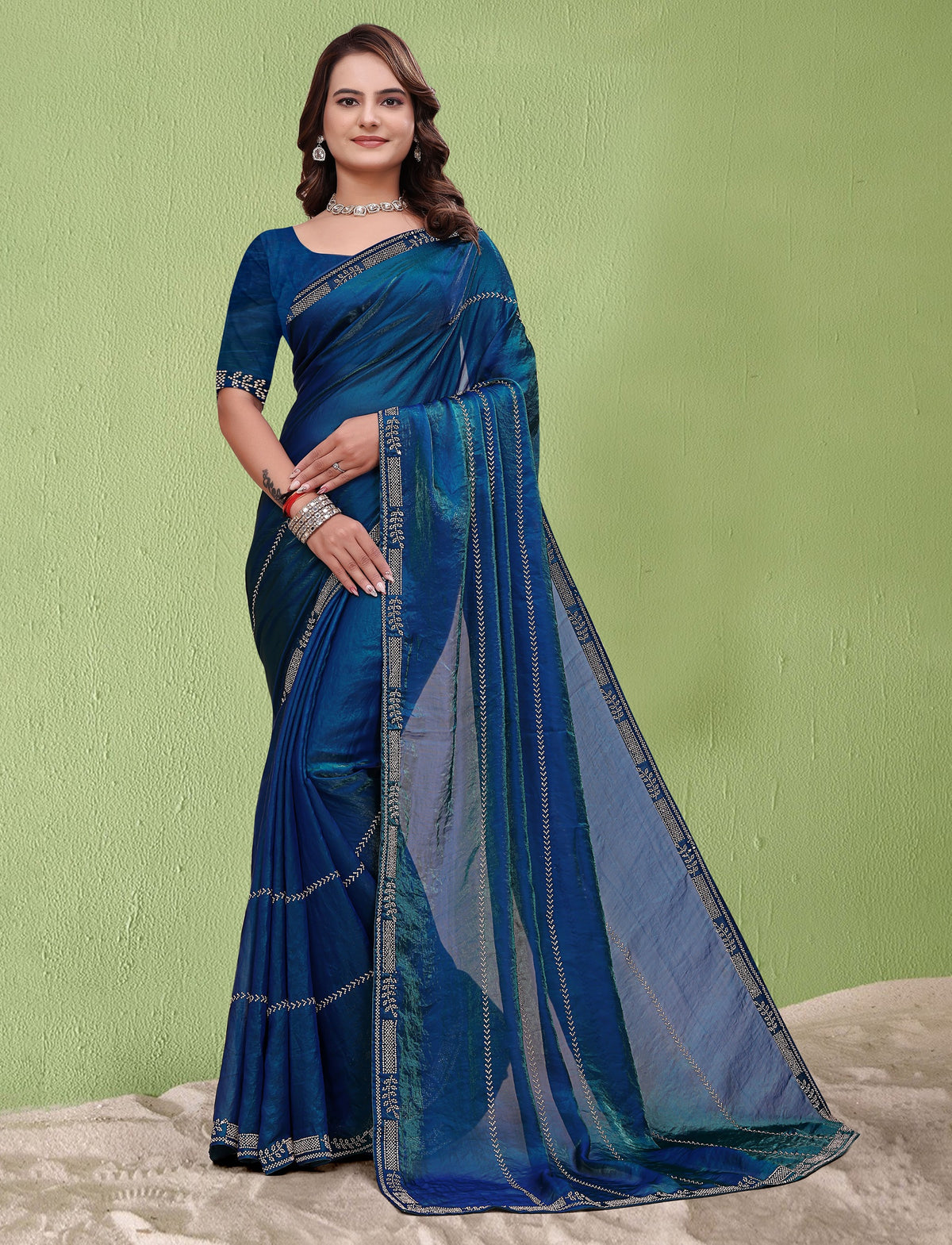 Complete look of Elegant Soft Fendi Silk Peacock Blue Saree by Chhoga