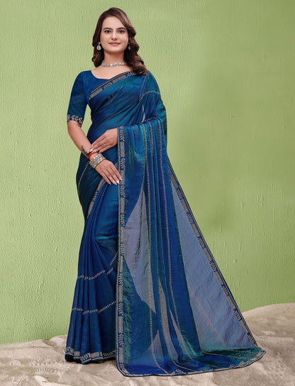 Complete look of Elegant Soft Fendi Silk Peacock Blue Saree by Chhoga