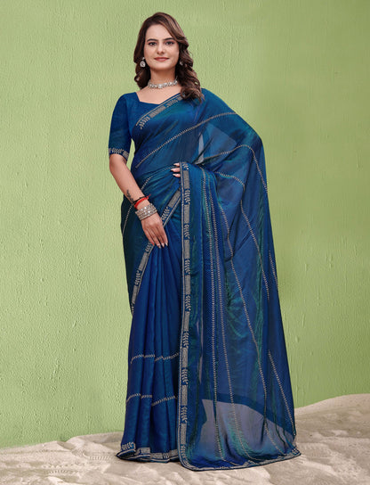 Elegant Soft Fendi Silk Peacock Blue Saree styled for festive wear