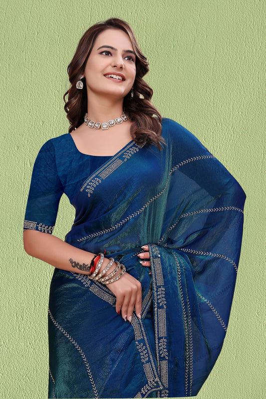 Elegant Soft Fendi Silk Peacock Blue Saree front view by Chhoga
