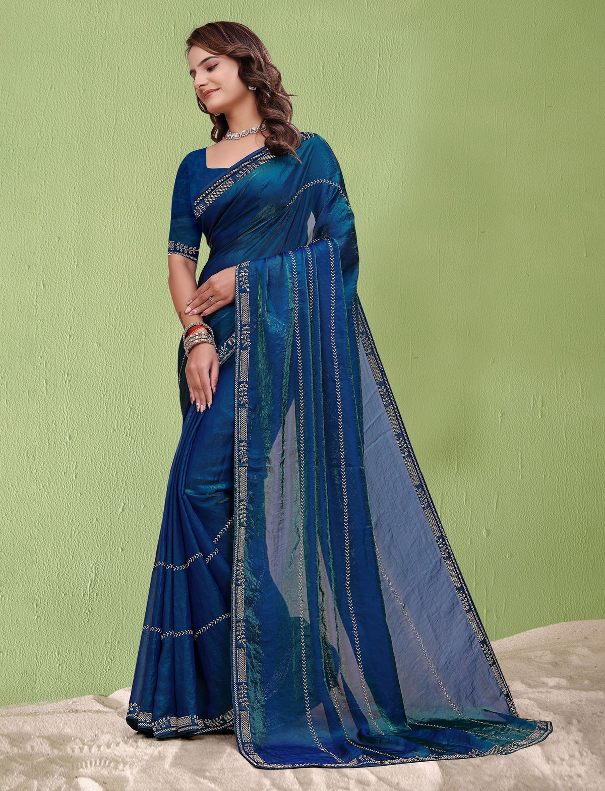 Full view of Elegant Soft Fendi Silk Peacock Blue Saree with jarkan work