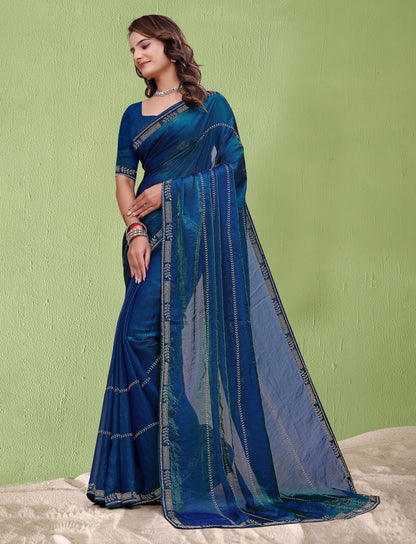 Full view of Elegant Soft Fendi Silk Peacock Blue Saree with jarkan work