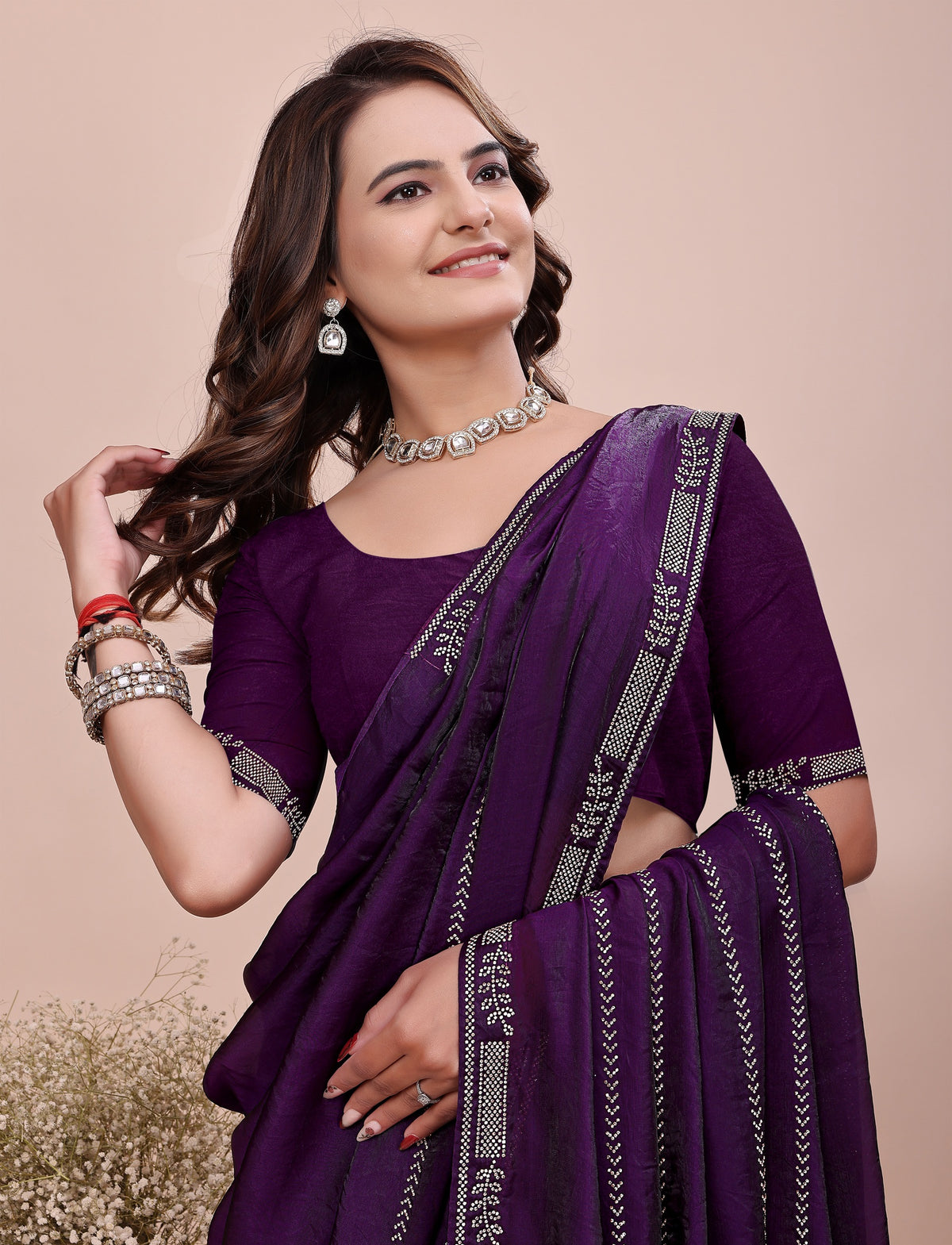 Elegant Soft Fendi Silk Royal Purple Saree front view by Chhoga