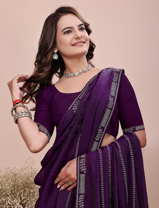 Elegant Soft Fendi Silk Royal Purple Saree front view by Chhoga