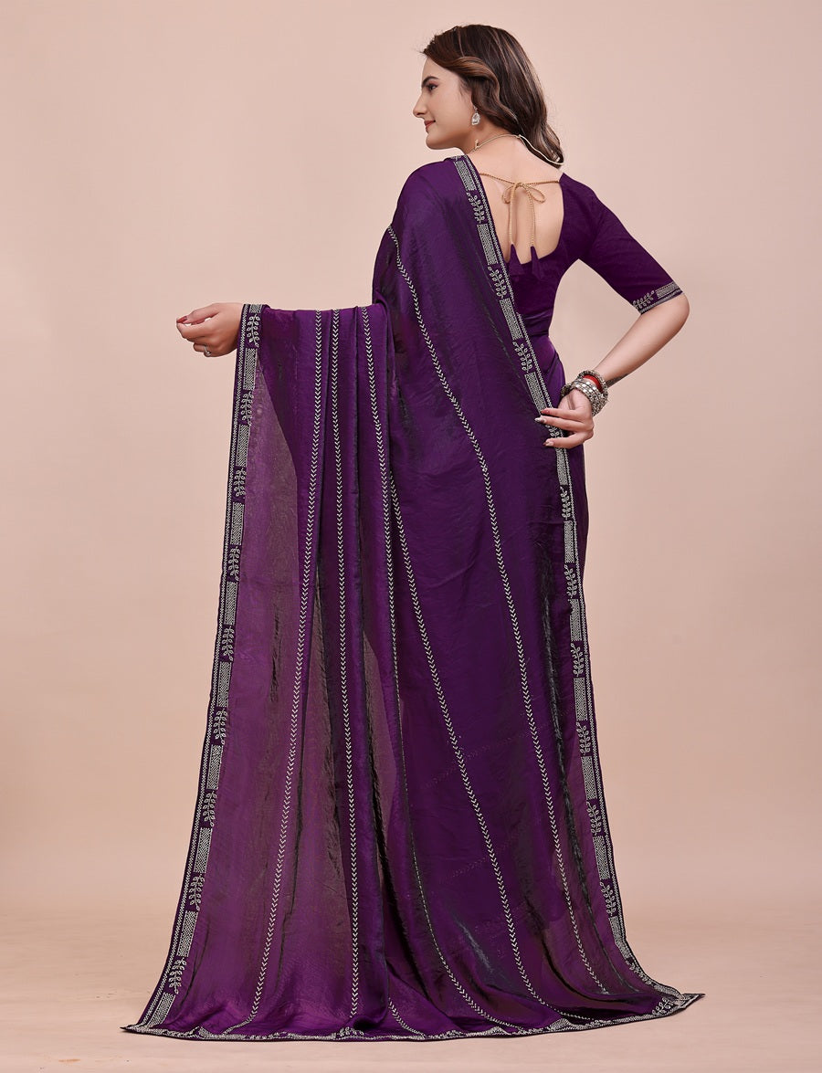 pallu detail of elegant soft fendi silk royal purple saree