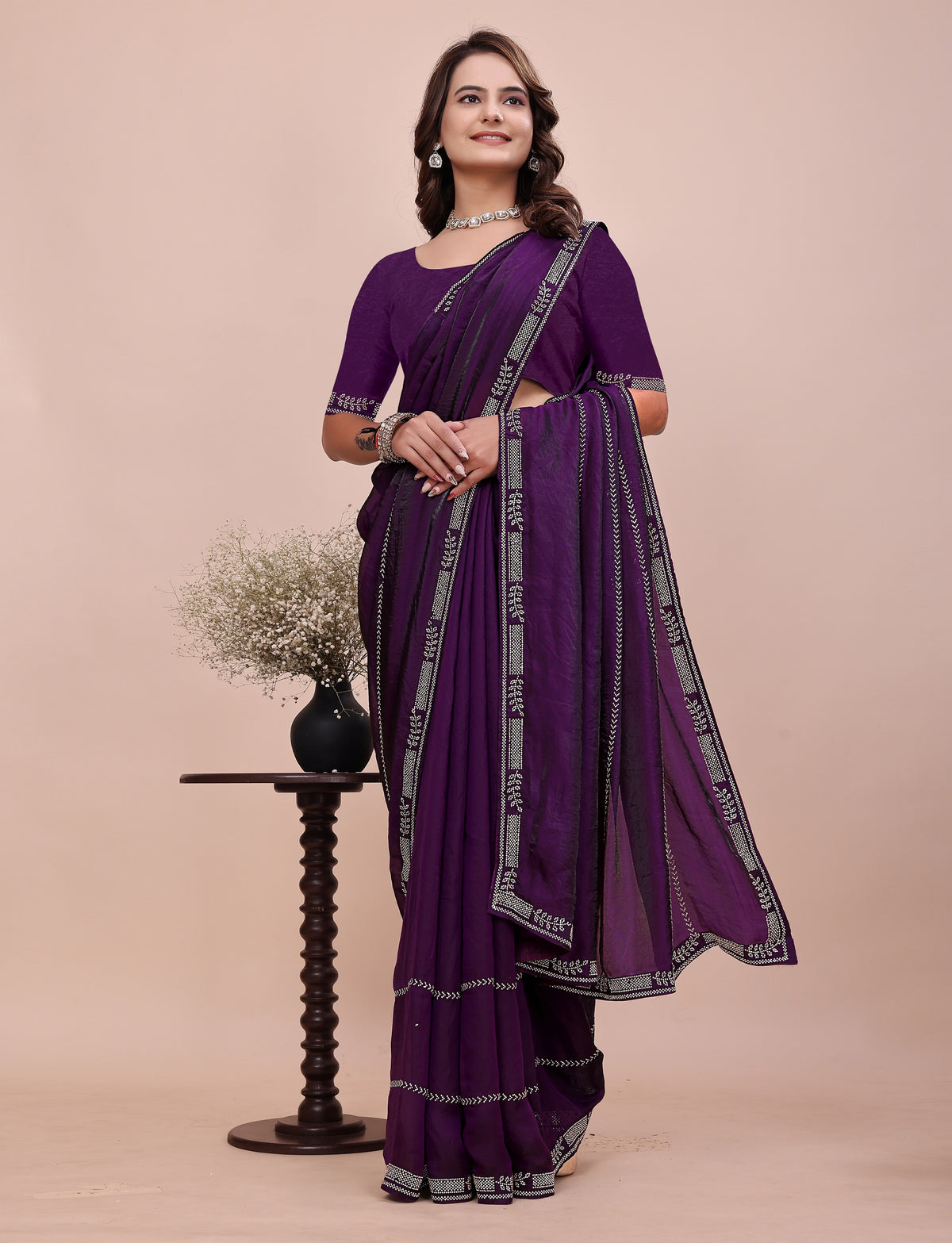 Pleats view of Elegant Soft Fendi Silk Royal Purple Saree