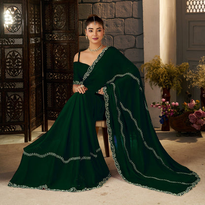 Front view of Emerald Green Gold Stonework Designer Saree with elegant gold embellishments by Chhoga.