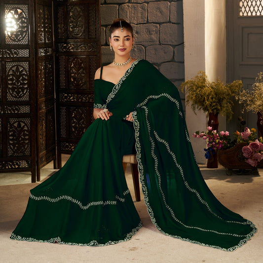Front view of Emerald Green Gold Stonework Designer Saree with elegant gold embellishments by Chhoga.
