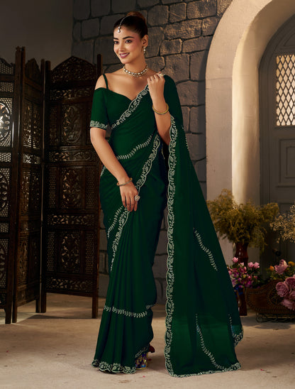 Full-length view of the Emerald Green Gold Stonework Designer Saree with matching blouse piece.