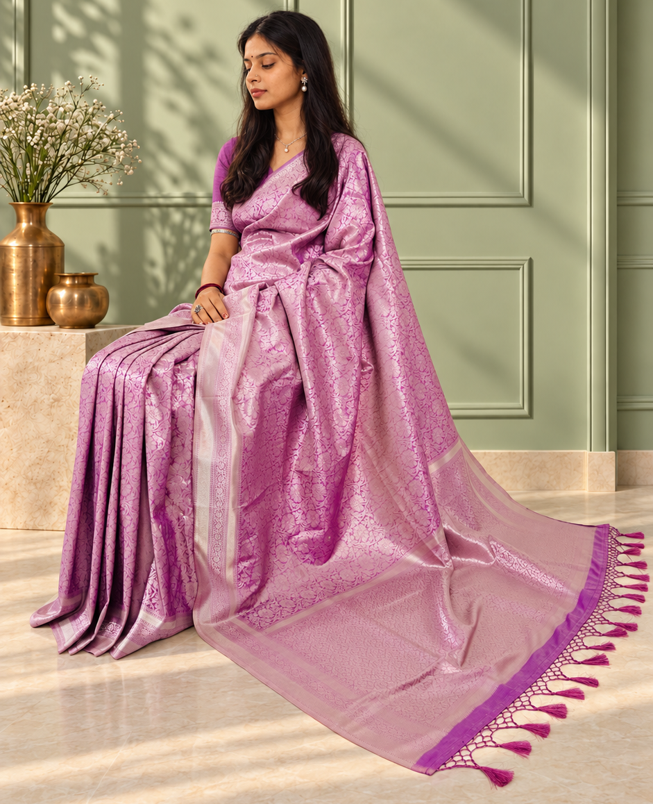 mauve purple banarasi silk saree with floral jaal & rich woven border