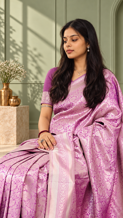 Mauve Purple Banarasi Silk Saree with Floral Jaal & Rich Woven Border
