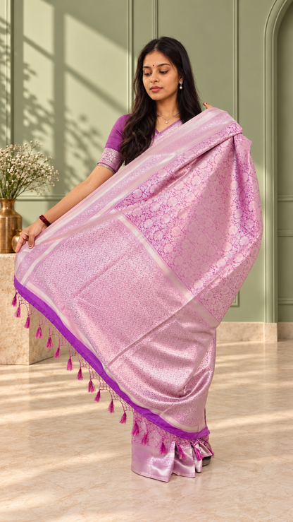Mauve Purple Banarasi Silk Saree with Floral Jaal & Rich Woven Border