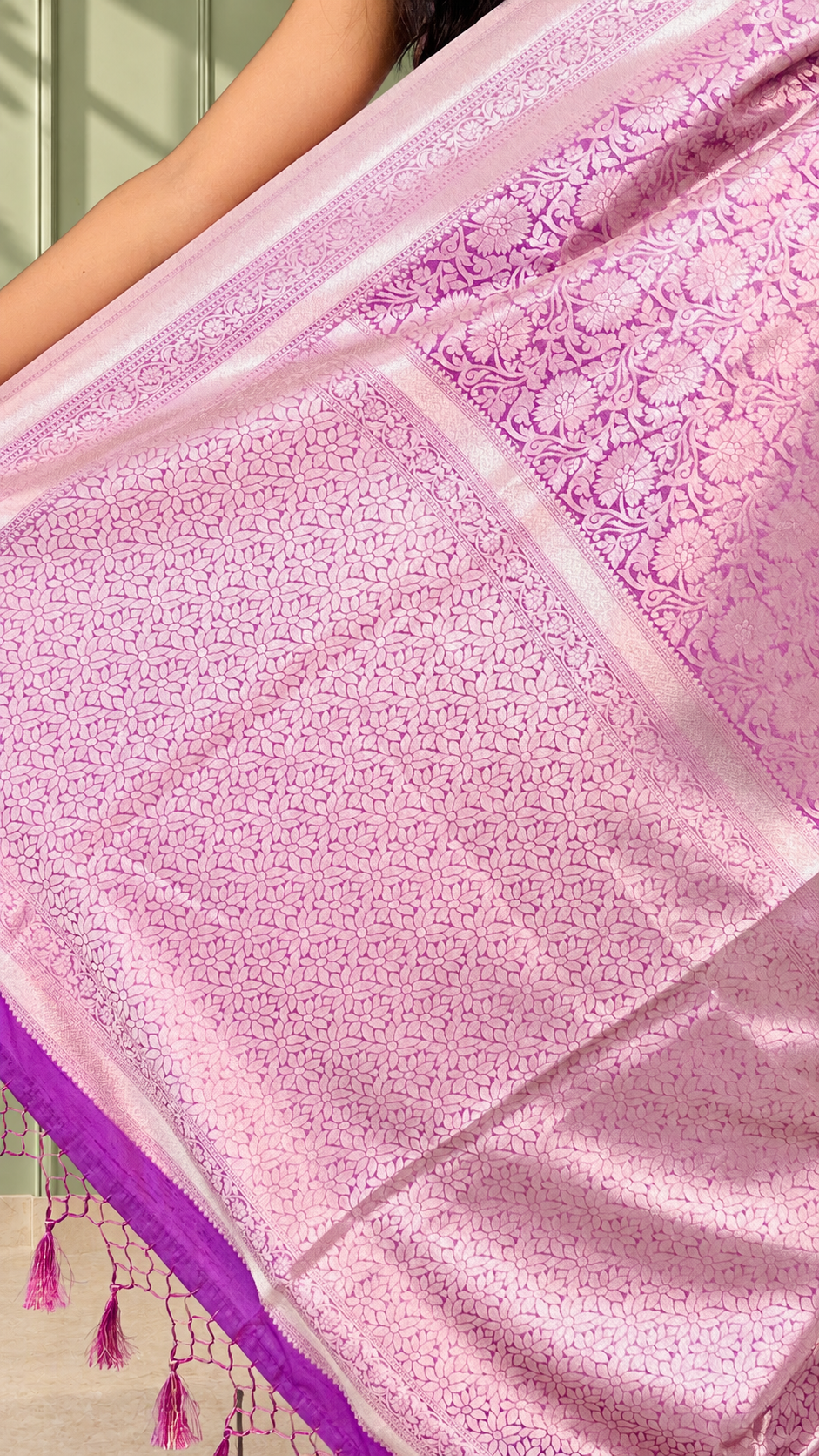 mauve purple banarasi silk saree with floral jaal & rich woven border