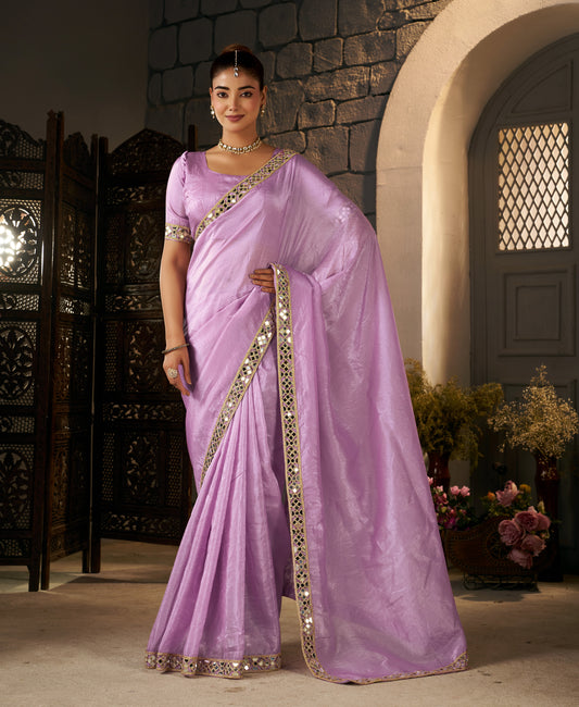 Lavender Crush Tissue Silk Saree with Artisan Mirror Border