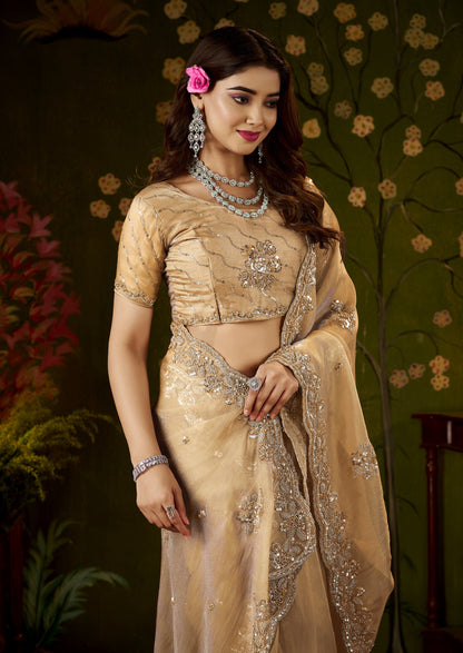 Close-up of intricate handcrafted bead work on the Champagne Gold Regal Bloom Soft Tissue Saree.