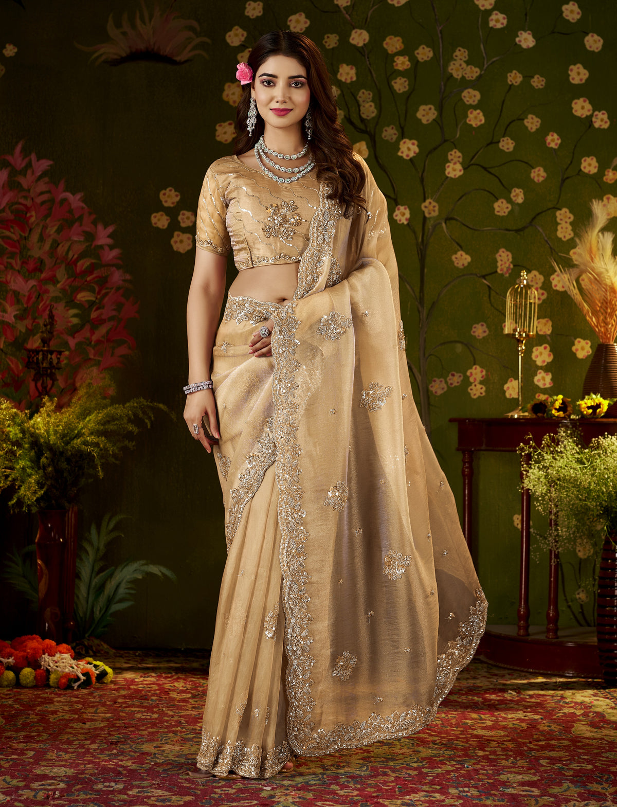 full view of handcrafted champagne gold regal bloom soft tissue saree with scalloped border.