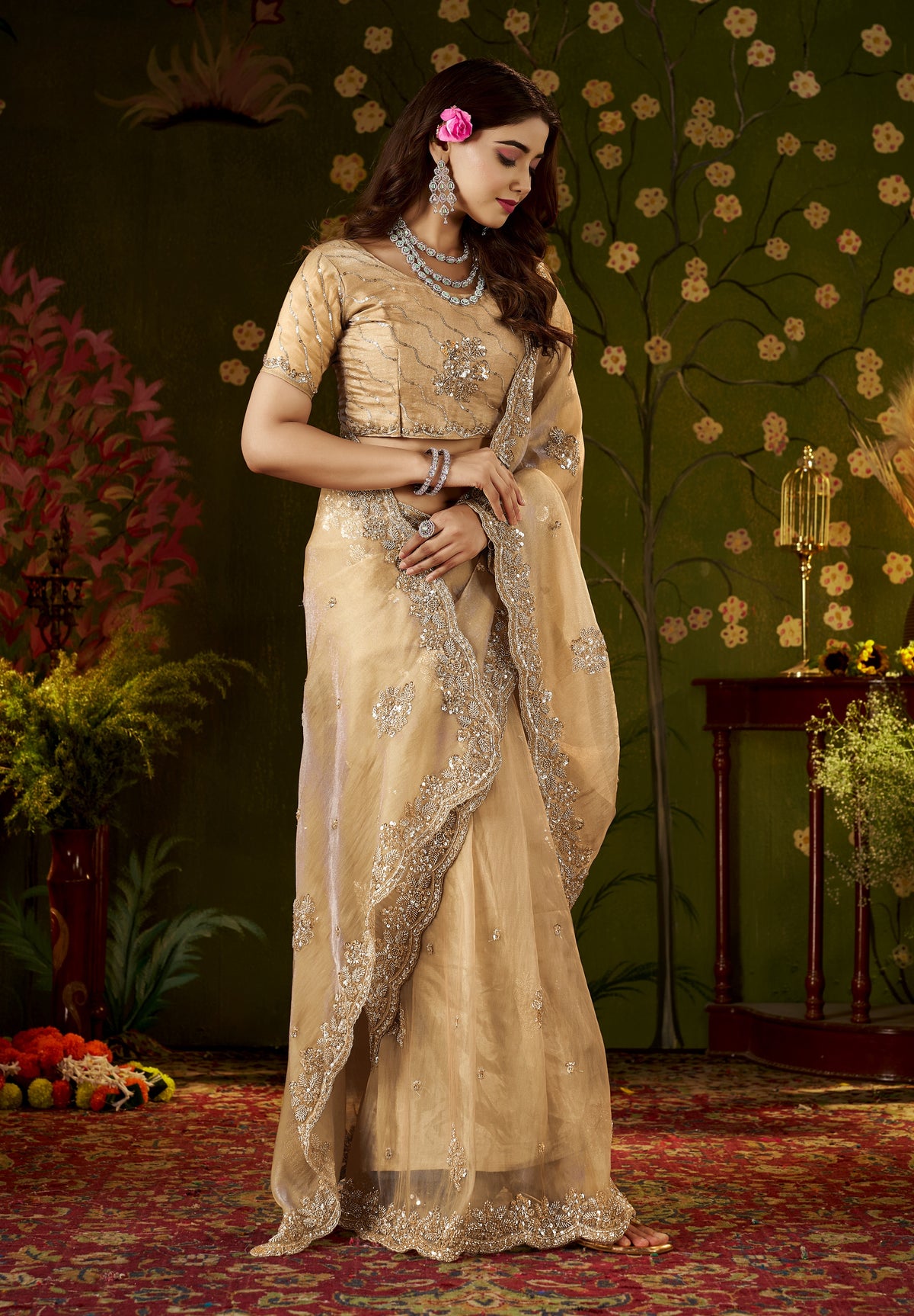 Side view of the Handcrafted Champagne Gold Regal Bloom Soft Tissue Saree.