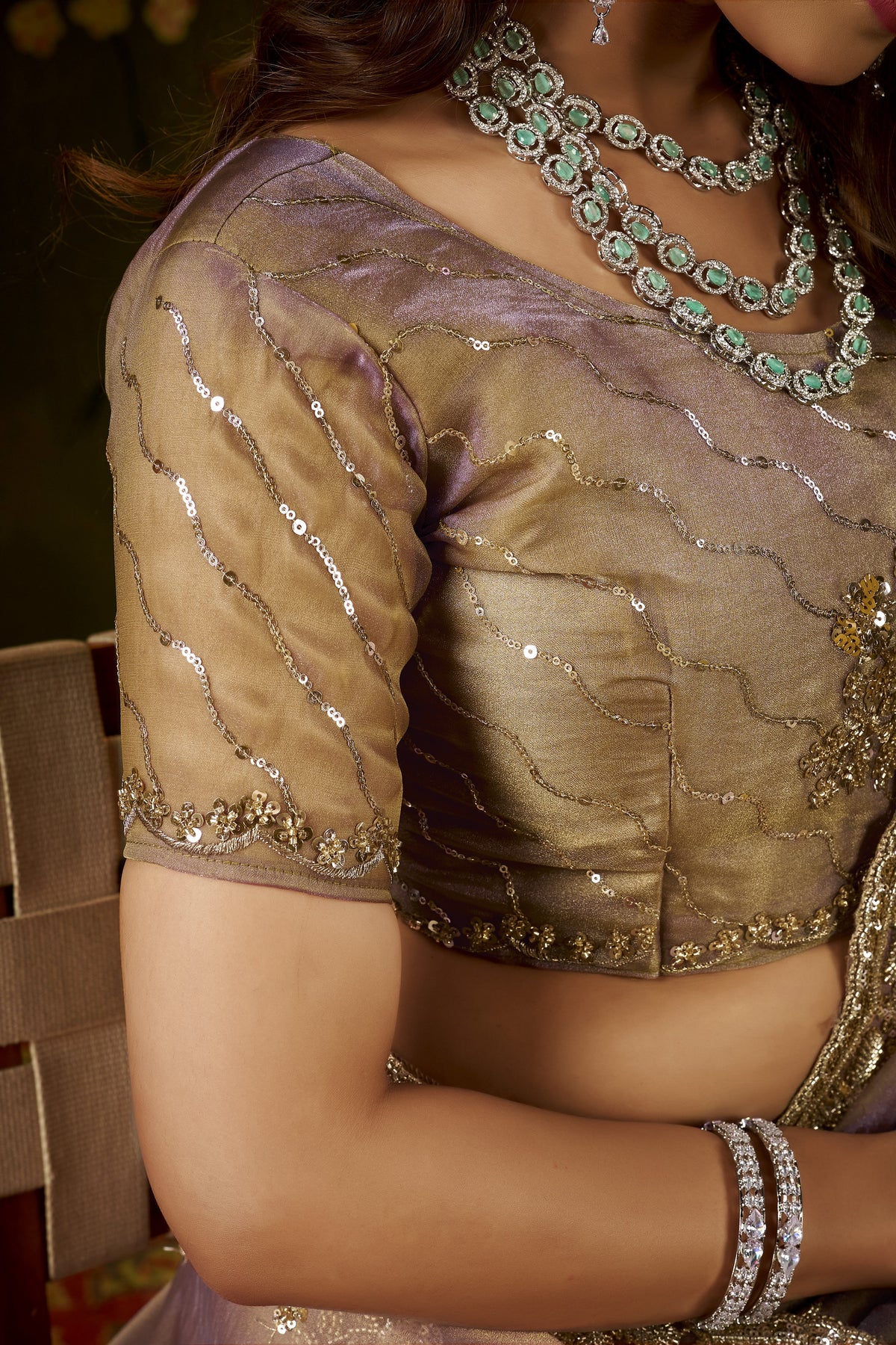 Designer blouse front of Handcrafted Desert Rose Regal Bloom Soft Tissue Saree.