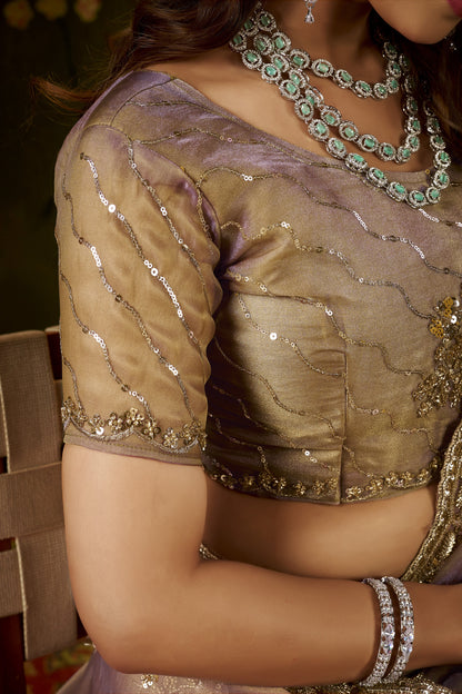Designer blouse front of Handcrafted Desert Rose Regal Bloom Soft Tissue Saree.