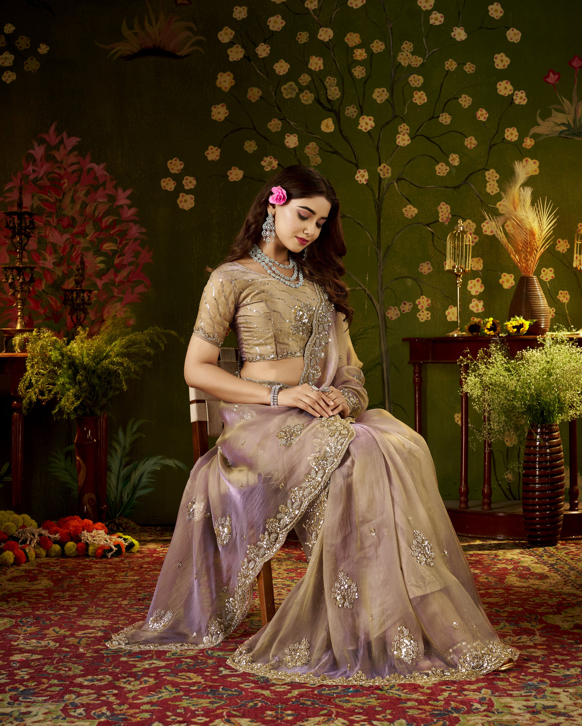 Elegant half view of Handcrafted Desert Rose Regal Bloom Soft Tissue Saree.