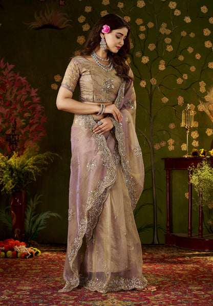 Handcrafted Desert Rose Regal Bloom Soft Tissue Saree styled for festive celebrations.