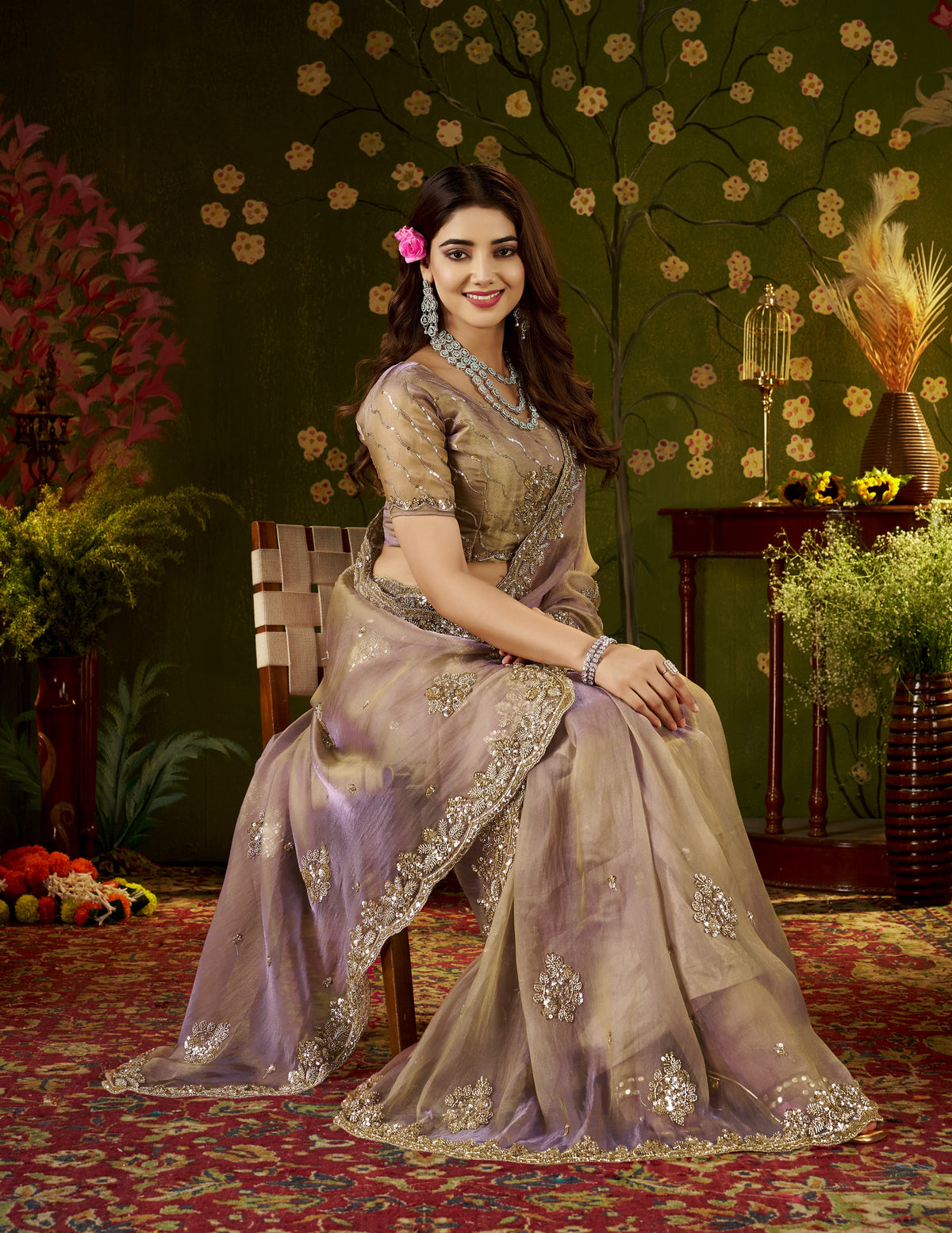 front drape of handcrafted desert rose regal bloom soft tissue saree.