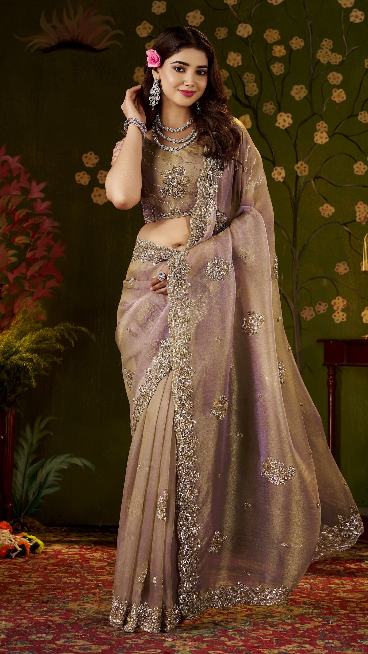 handcrafted desert rose regal bloom soft tissue saree with handcrafted floral embellishments and heavy scalloped border