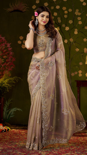 Handcrafted Desert Rose Regal Bloom Soft Tissue Saree