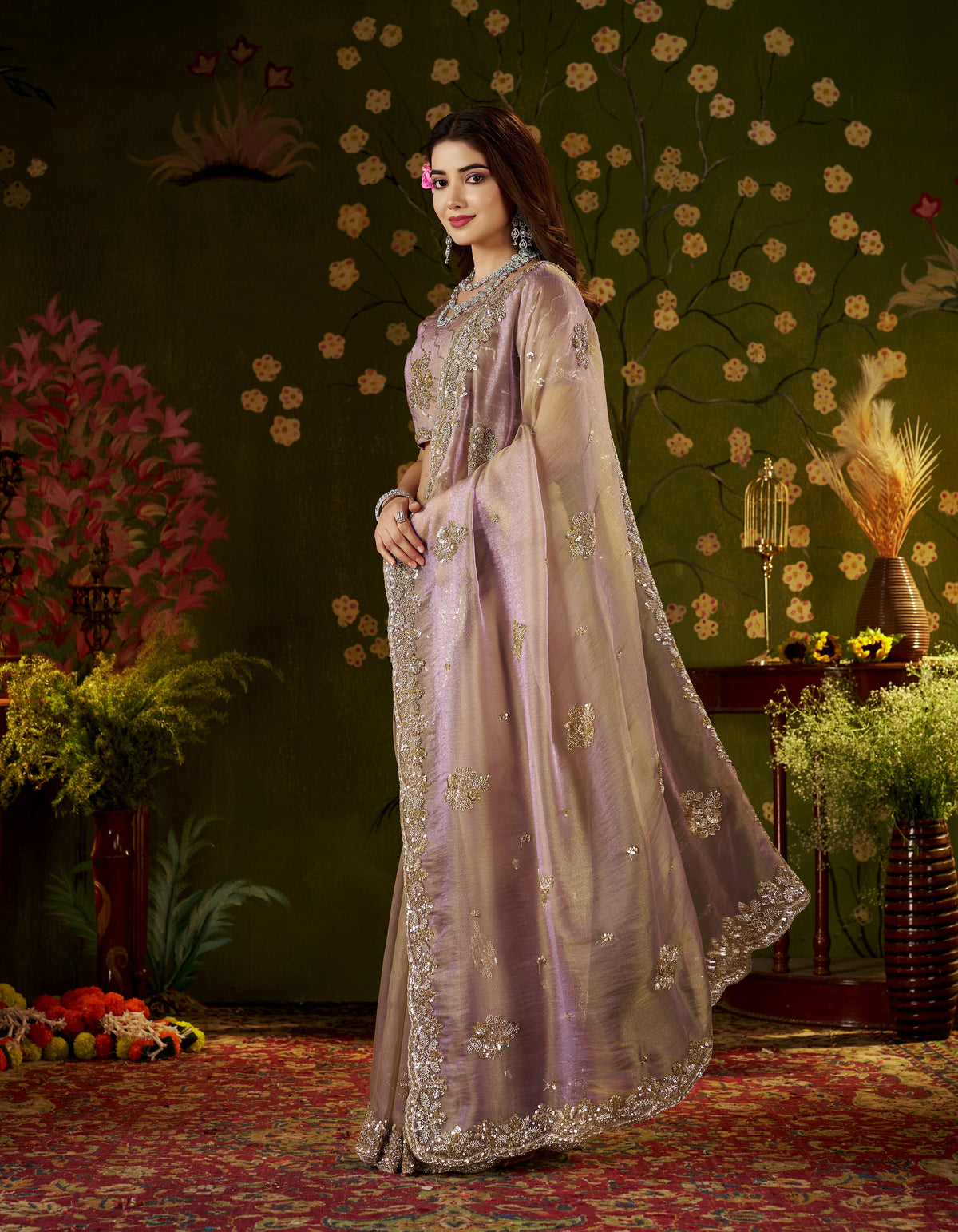 Side view of Handcrafted Desert Rose Regal Bloom Soft Tissue Saree.