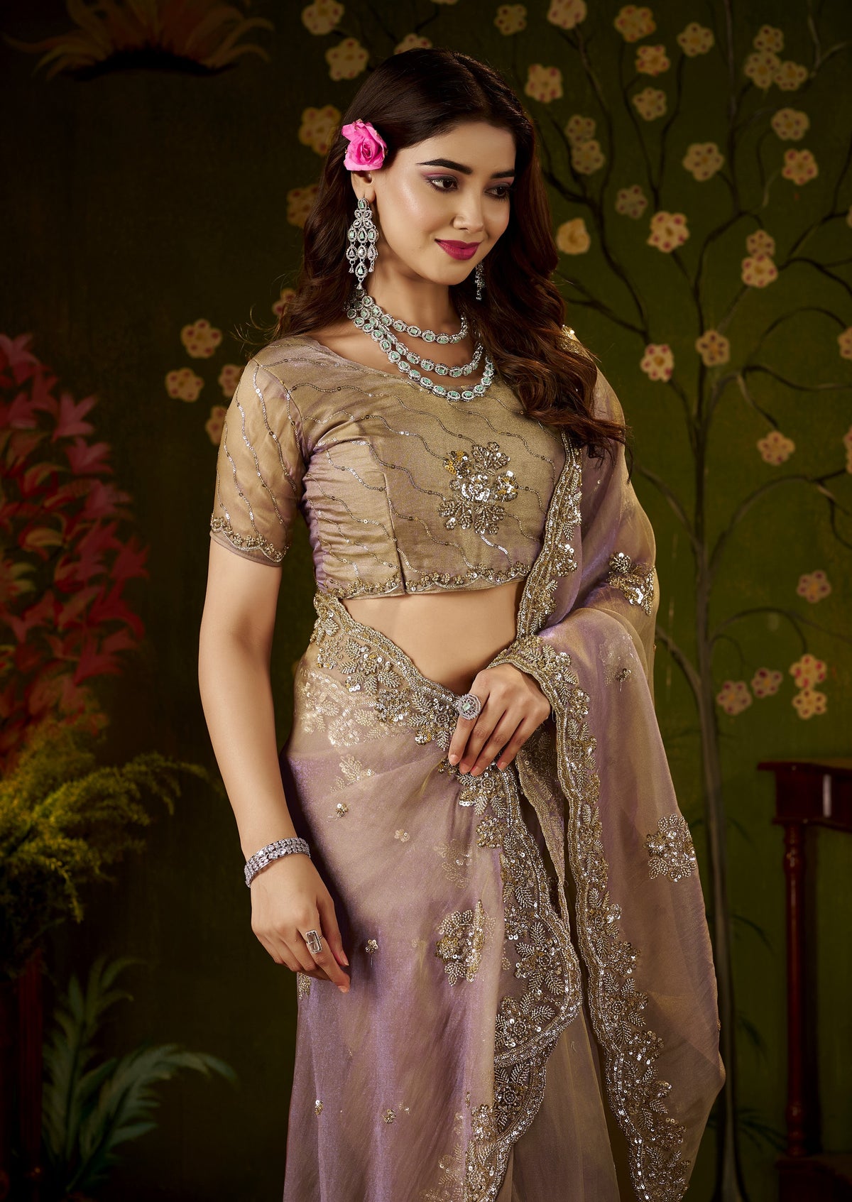 stylish look of handcrafted desert rose regal bloom soft tissue saree.