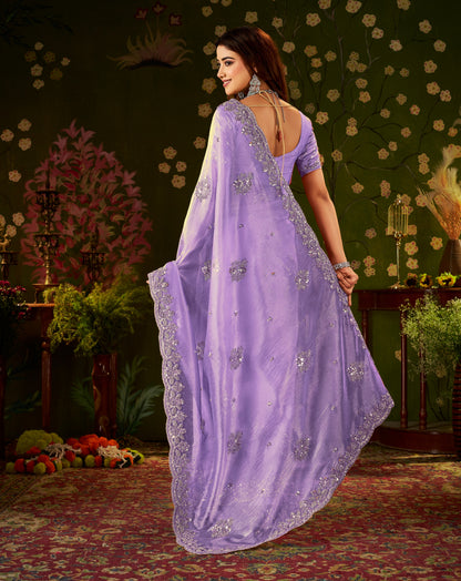 Back view of Handcrafted Lavender Regal Bloom Soft Tissue Saree.
