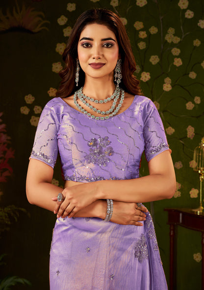 Intricate handcrafted blouse detail of Lavender Regal Bloom Soft Tissue Saree.