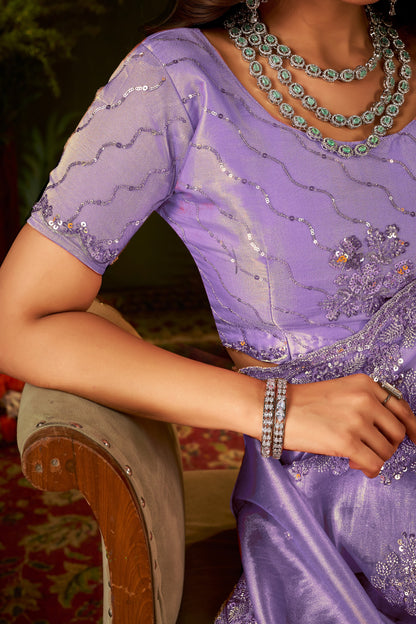 Designer blouse front of Handcrafted Lavender Regal Bloom Soft Tissue Saree.