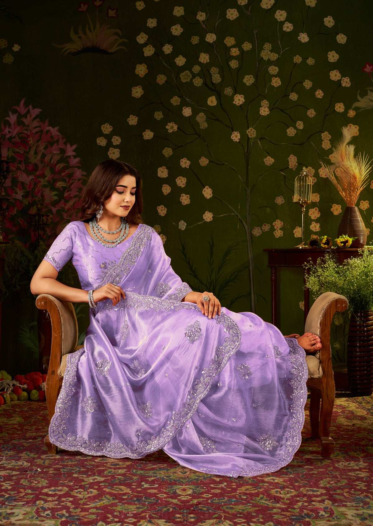 Elegant half view of Handcrafted Lavender Regal Bloom Soft Tissue Saree.