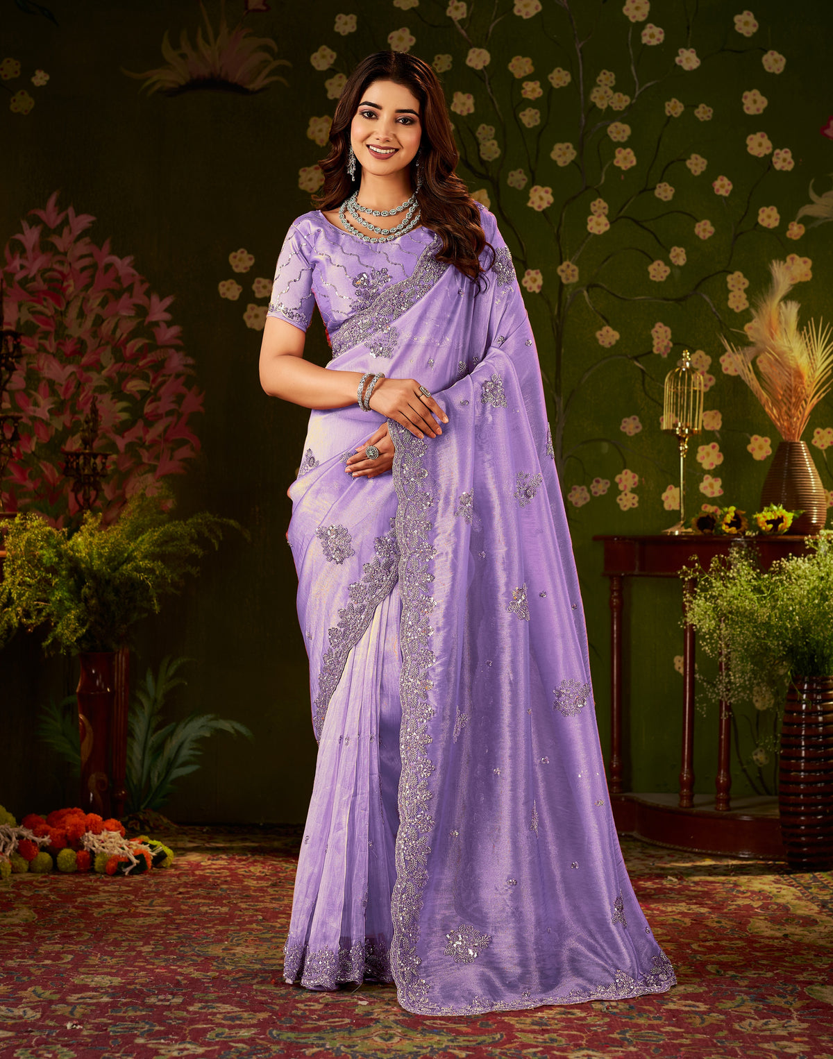 Designer front style of Handcrafted Lavender Regal Bloom Soft Tissue Saree.