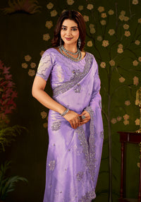 Handcrafted Lavender Regal Bloom Soft Tissue Saree